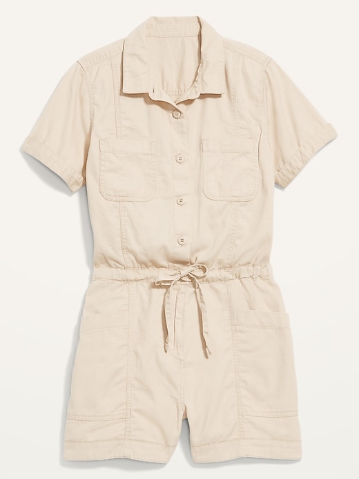View large product image 2 of 2. Waist-Defined Short-Sleeve Specially-Dyed Utility Romper -- 3.5-inch inseam