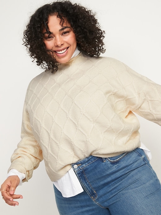 Image number 1 showing, Mock-Neck Diamond Stitch Cable-Knit Pullover Sweater