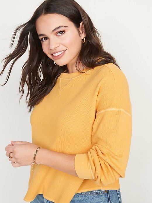 Image number 1 showing, Long-Sleeve Cropped Waffle-Knit Easy T-Shirt