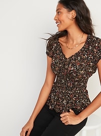 View large product image 3 of 3. Puff-Sleeve  Floral-Print Smocked Peplum Blouse