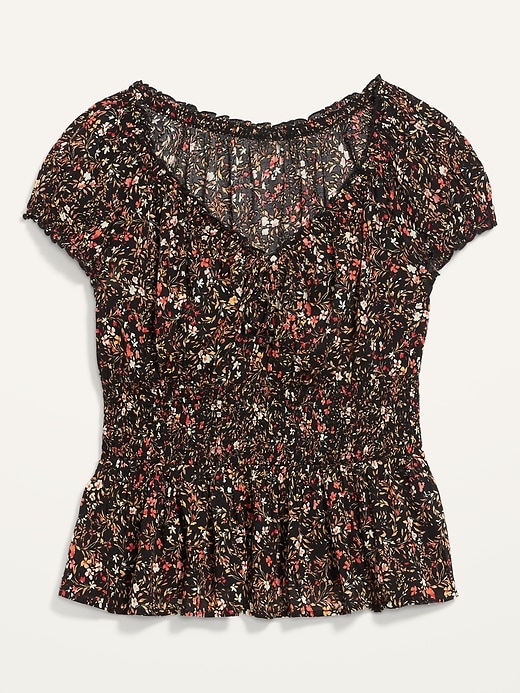 View large product image 2 of 3. Puff-Sleeve  Floral-Print Smocked Peplum Blouse