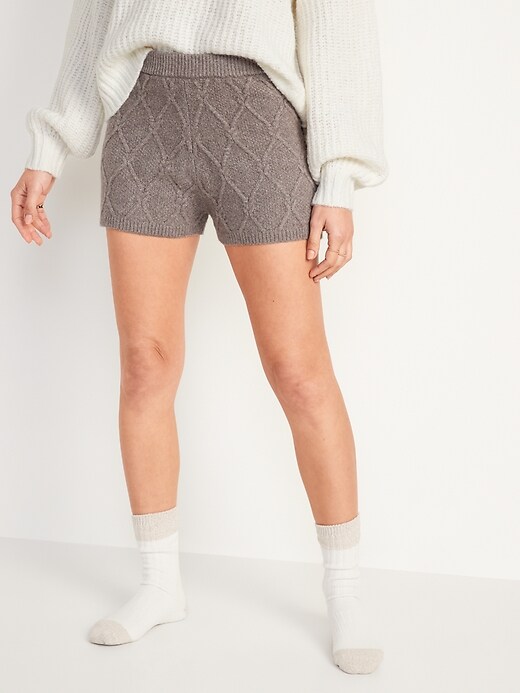 Image number 1 showing, High-Waisted Diamond Stitch Cable-Knit Shorts -- 2-inch inseam