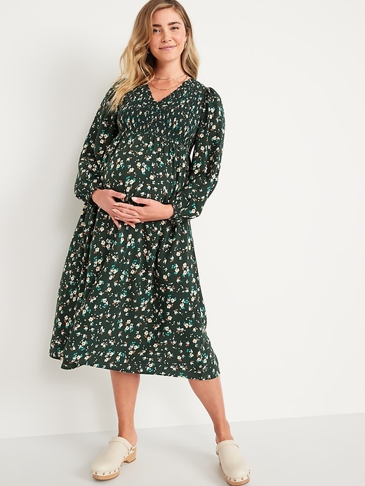 View large product image 1 of 1. Maternity V-Neck Clip-Dot Midi Dress