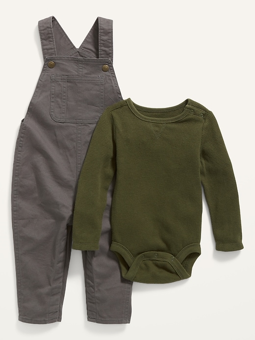 View large product image 1 of 2. Unisex Long-Sleeve Thermal Bodysuit and Twill Overalls Set for Baby