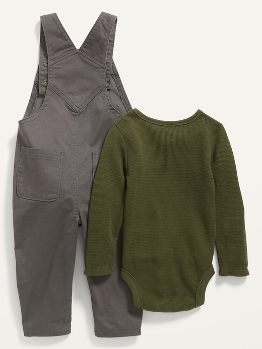 View large product image 2 of 2. Unisex Long-Sleeve Thermal Bodysuit and Twill Overalls Set for Baby