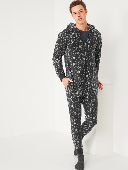 View large product image 1 of 2. Matching Printed Microfleece Hooded One-Piece Pajamas