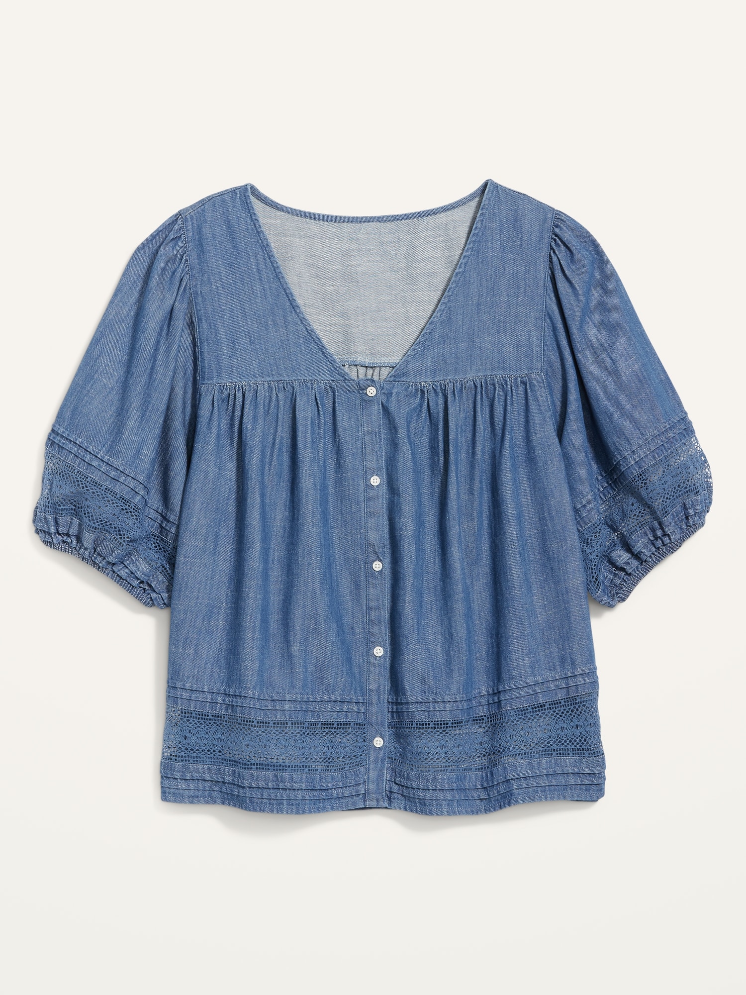 Puff Sleeve Oversized Lace Trimmed Chambray Swing Blouse Old Navy