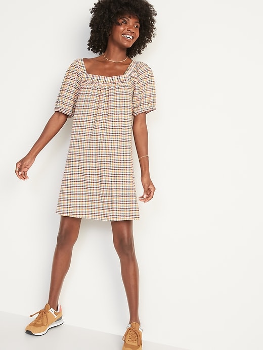 Image number 5 showing, Textured Dobby-Gingham Puff-Sleeve Swing Dress