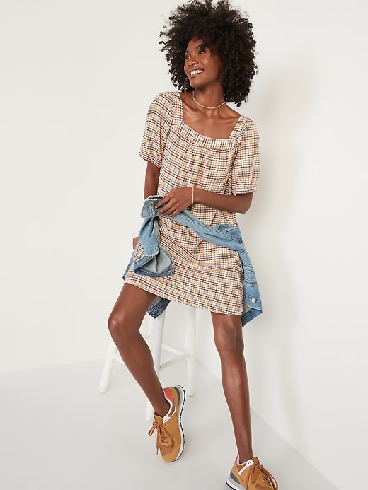 Image number 3 showing, Textured Dobby-Gingham Puff-Sleeve Swing Dress