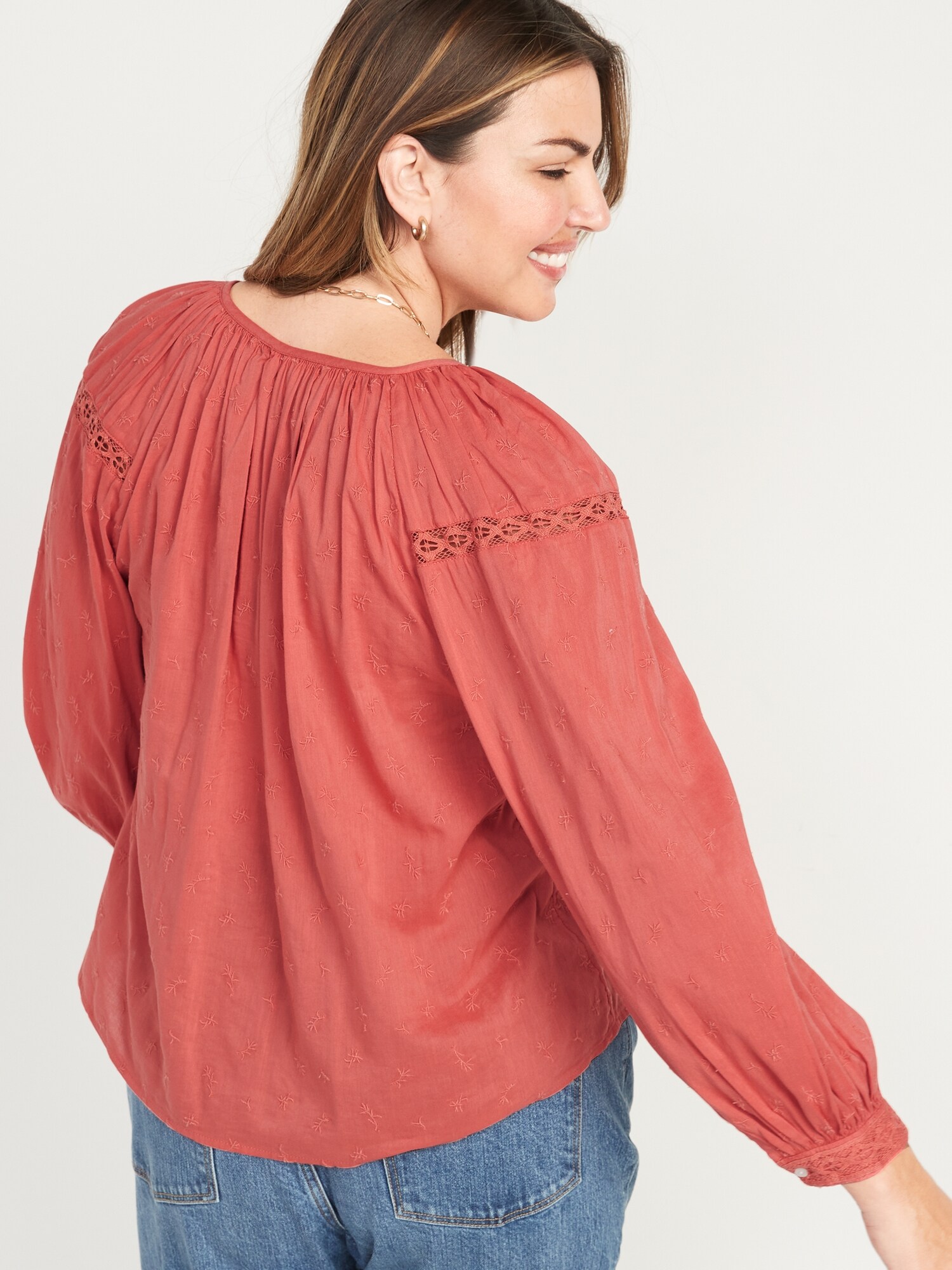 Long Sleeve Embroidered Lace Trimmed Blouse For Women Old Navy