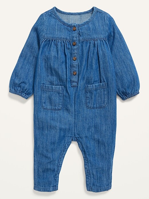 View large product image 1 of 2. Unisex Chambray Utility-Pocket Jumpsuit for Baby