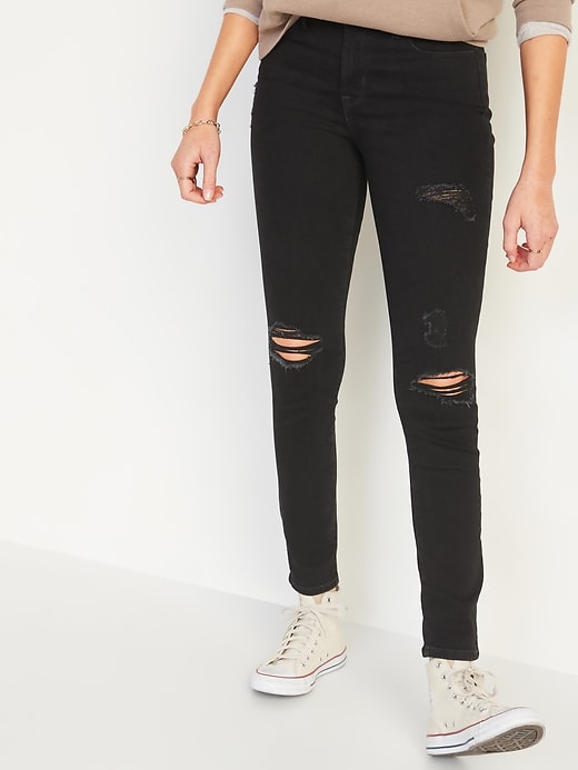 Image number 1 showing, High-Waisted Pop Icon Black Ripped Skinny Jeans