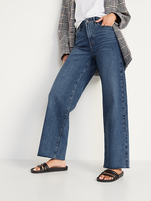 Image number 1 showing, Extra High-Waisted Medium-Wash Cut-Off Wide-Leg Jeans