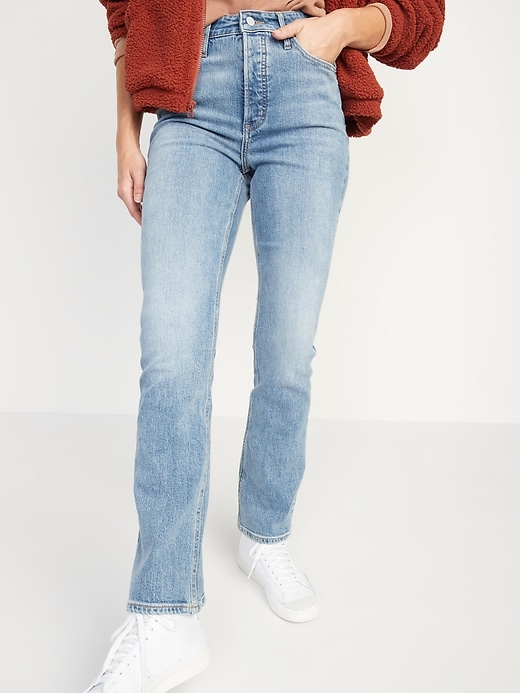 Image number 1 showing, Extra High-Waisted Button-Fly Sky-Hi Kicker Boot-Cut Jeans