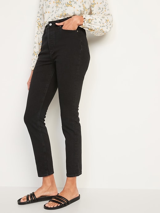 Image number 1 showing, Extra High-Waisted Button-Fly Pop Icon Black-Wash Skinny Jeans for Women