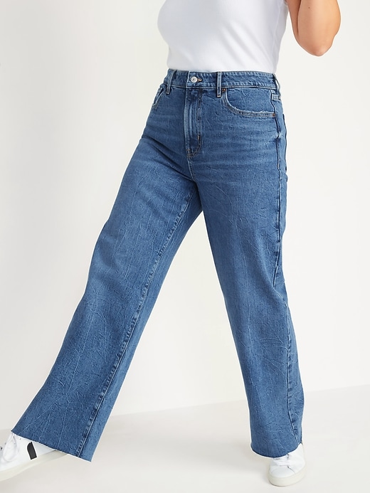 Image number 5 showing, Extra High-Waisted Medium-Wash Cut-Off Wide-Leg Jeans