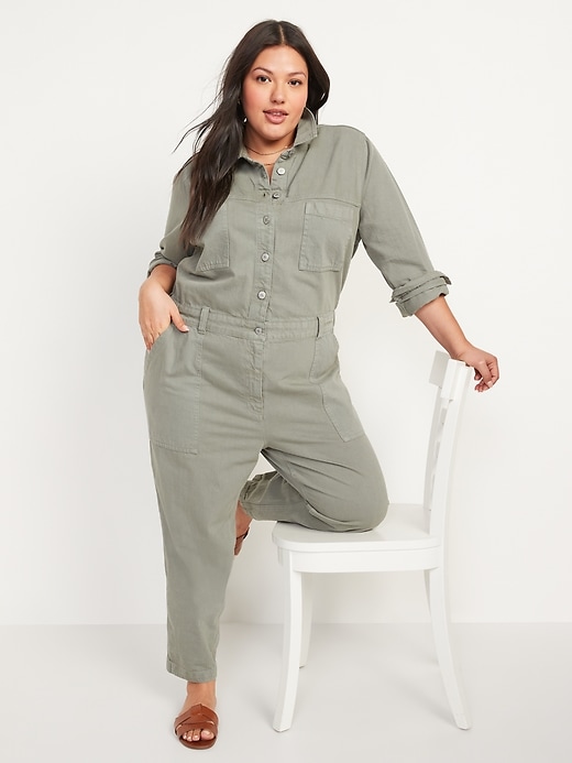 Image number 3 showing, Long-Sleeve Cropped Jean Utility Jumpsuit