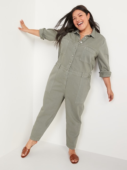 Image number 7 showing, Long-Sleeve Cropped Jean Utility Jumpsuit