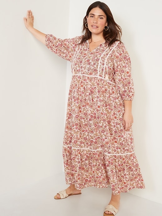 Image number 7 showing, Floral-Print 3/4-Sleeve Tie-Neck Maxi Swing Dress for Women