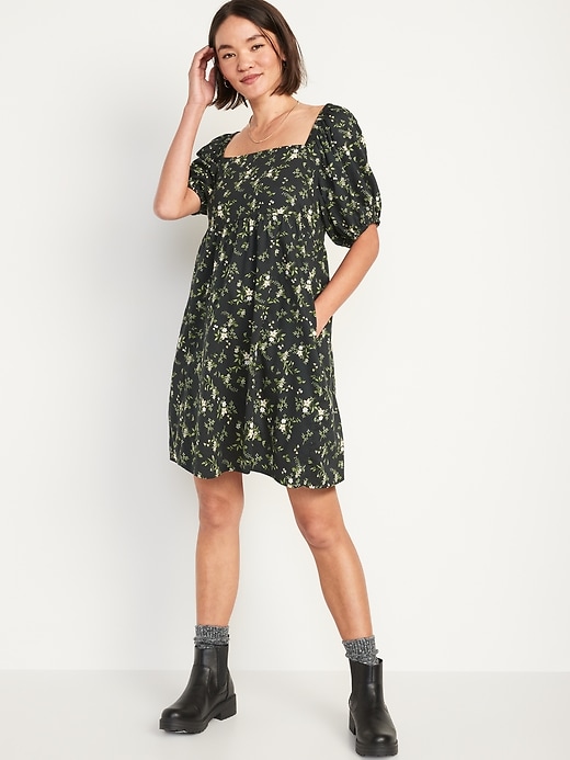 Image number 1 showing, Puff-Sleeve Smocked Floral-Print Mini Swing Dress