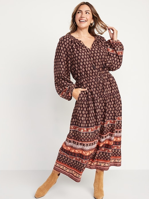 Image number 5 showing, Long-Sleeve Waist-Defined Tiered Poet Midi Dress