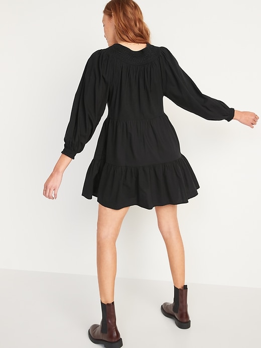 Image number 2 showing, Long-Sleeve Tiered Smocked Embroidered Mini Swing Dress for Women
