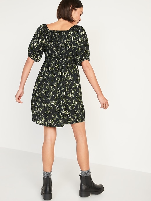 Image number 2 showing, Puff-Sleeve Smocked Floral-Print Mini Swing Dress