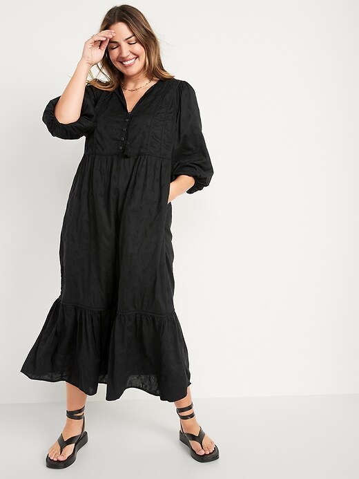 Image number 5 showing, Tie-Neck 3/4-Sleeve All-Day Maxi Swing Dress for Women