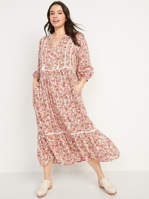 Image number 5 showing, Floral-Print 3/4-Sleeve Tie-Neck Maxi Swing Dress for Women