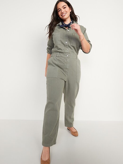 Image number 5 showing, Long-Sleeve Cropped Jean Utility Jumpsuit
