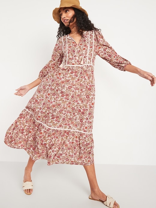Image number 1 showing, Floral-Print 3/4-Sleeve Tie-Neck Maxi Swing Dress for Women