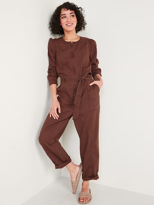 Image number 1 showing, Long-Sleeve Zip-Front Cropped Utility Jumpsuit