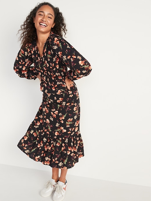Image number 1 showing, Long-Sleeve Fit & Flare Smocked Midi Dress