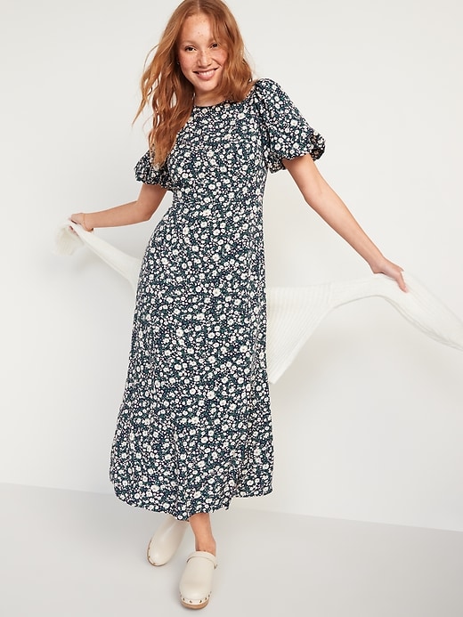 Image number 1 showing, Puff-Sleeve Floral Maxi Shift Dress