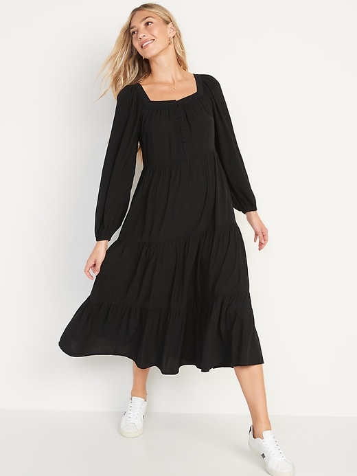 Image number 1 showing, Long-Sleeve Button-Down Tiered Maxi Swing Dress