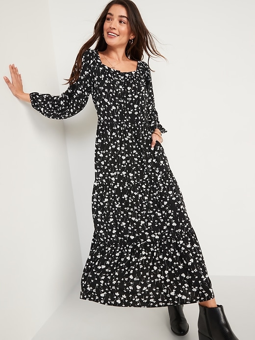 Image number 1 showing, Long-Sleeve Floral-Print Tiered Midi Swing Dress