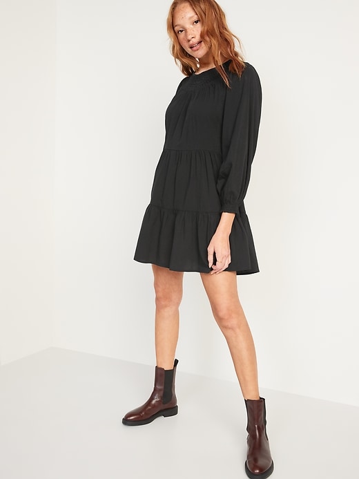 Image number 1 showing, Long-Sleeve Tiered Smocked Embroidered Mini Swing Dress for Women