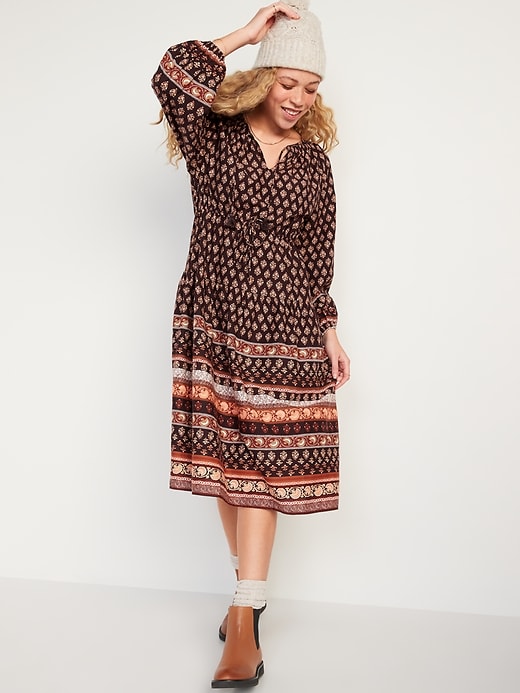 Image number 1 showing, Long-Sleeve Waist-Defined Tiered Poet Midi Dress
