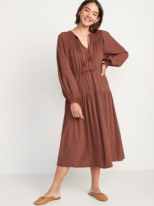 Image number 1 showing, Waist-Defined Crinkle-Textured Long-Sleeve Midi Dress