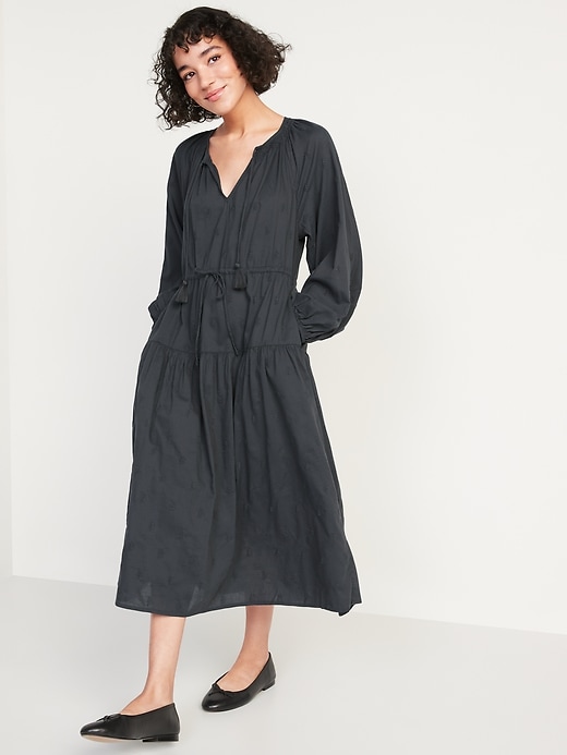 Image number 1 showing, Waist-Defined Embroidered Long-Sleeve Midi Dress