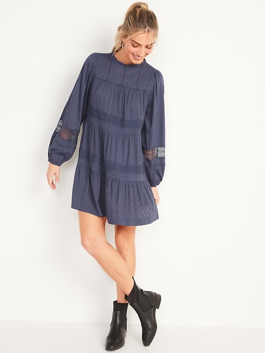 Image number 1 showing, Long-Sleeve Pintucked Clip-Dot Mini Swing Dress for Women