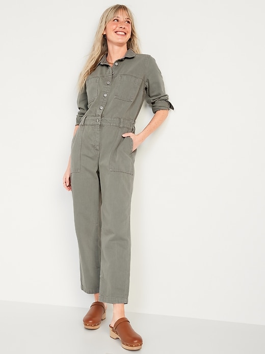 Image number 1 showing, Long-Sleeve Cropped Jean Utility Jumpsuit