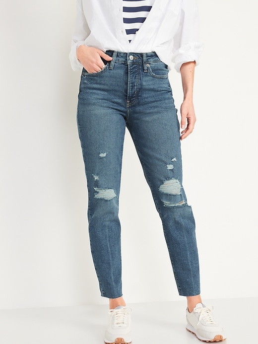 Image number 1 showing, High-Waisted Button-Fly OG Straight Ripped Ankle Jeans
