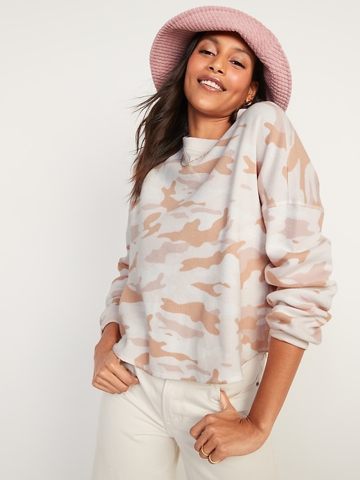 Image number 1 showing, Long-Sleeve Loose Cropped Camo-Print Waffle-Knit Top