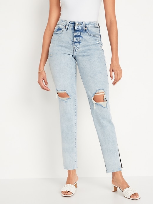 Image number 1 showing, High-Waisted Button-Fly OG Straight Ripped Side-Slit Jeans