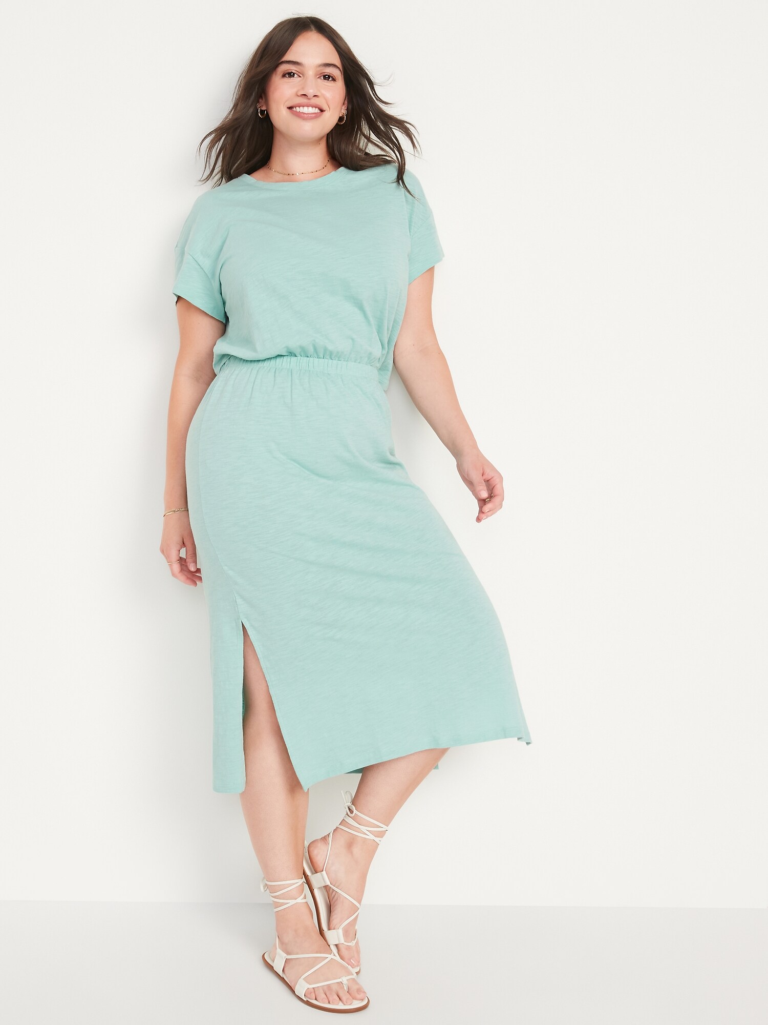 Waist Defined Short Sleeve Cutout Back Slub Knit Midi Dress Old Navy