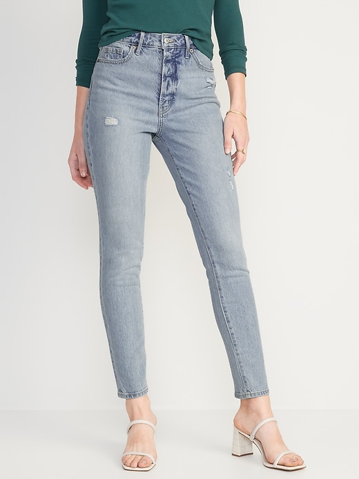 Image number 1 showing, Extra High-Waisted Hidden Button-Fly Pop Icon Distressed Skinny Jeans for Women
