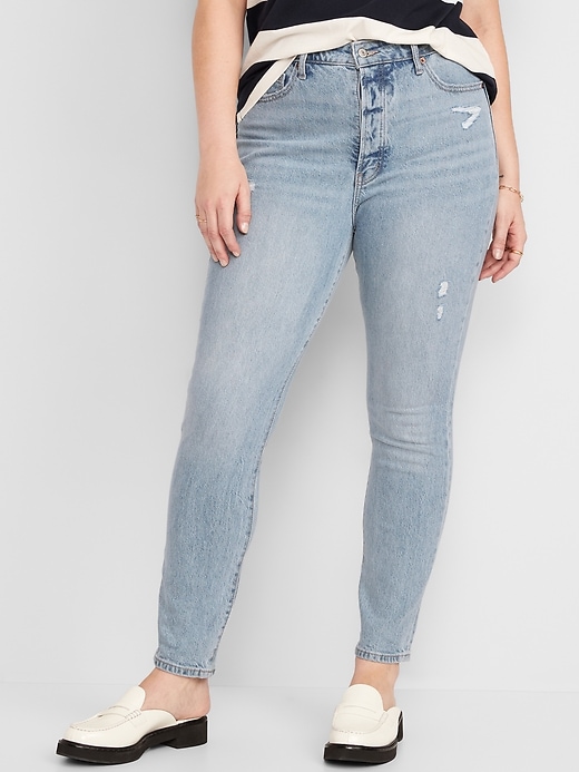 Image number 5 showing, Extra High-Waisted Hidden Button-Fly Pop Icon Distressed Skinny Jeans for Women