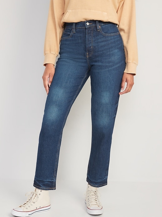 Image number 1 showing, Curvy Extra High-Waisted Button-Fly Sky-Hi Straight Jeans