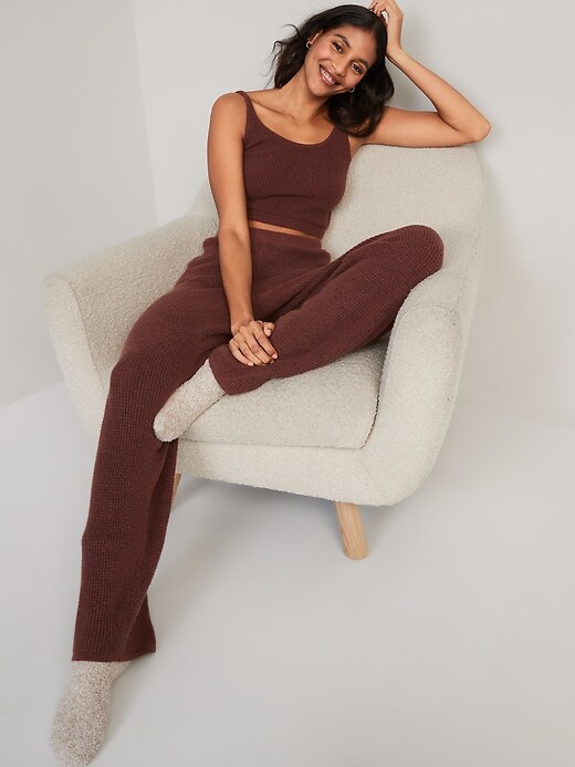 Image number 3 showing, High-Waisted Slouchy Waffle-Knit Wide-Leg Lounge Sweatpants